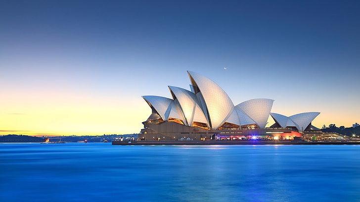 sydney opera house, sky, sea, landmark, calm, opera house, opera, tourist attraction, coastal and oceanic landforms, sydney, australia, evening, HD wallpaper
