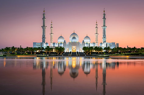モスク、シェイクザイードグランドモスク、アブダビ、建築、モスク、反射、アラブ首長国連邦、 HDデスクトップの壁紙 HD wallpaper