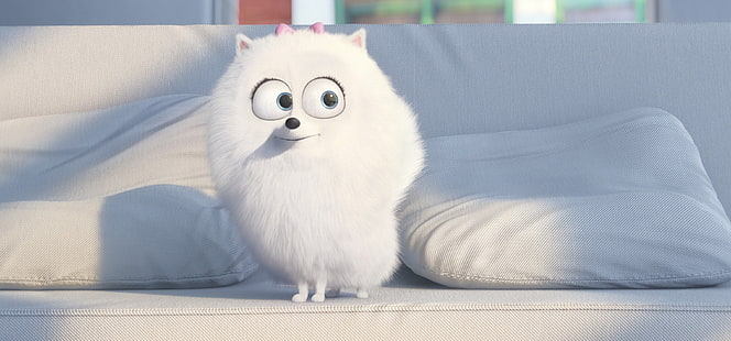 Secret Life of Pets Gidget, cinema, white, puppy, dog, cartoon, movie, animal, living room, film, pet, drawing, couch, adventure, official wallpaper, comedy, Universal Pictures, family, big eyes, graphic animation, Illumination Entertainment, pad, The Secret Life of Pets, Gigi, white fur, Jenny Slate, hair top, leash, HD wallpaper HD wallpaper