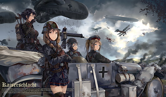аниме, аниме момичета, момичета с пистолети, чорапи, световна война, пистолет, германска армия, военни, HD тапет HD wallpaper