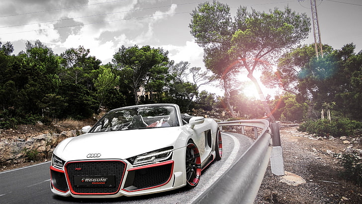 white Audi convertible coupe, Audi, Audi R8, Audi R8 Spyder, white cars, trees, road, vehicle, sunlight, clouds, HD wallpaper