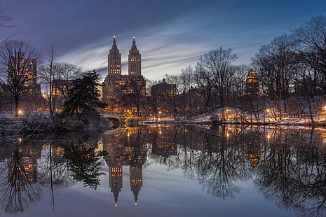 árvores, lago, Parque, reflexão, construção, Nova York, Manhattan, Cidade de Nova York, Central Park, HD papel de parede HD wallpaper