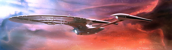 плакат на боен кораб, Star Trek, USS Enterprise (космически кораб), пространство, мъглявина, множество дисплеи, произведения на изкуството, двойни монитори, HD тапет