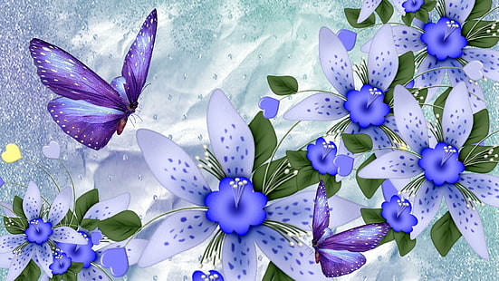 Gagner des coeurs papillons, fleur, papillon, fleur, floral, papillon, lavande, fleurs, printemps, résumé, lilas, coeurs, pupr, Fond d'écran HD HD wallpaper