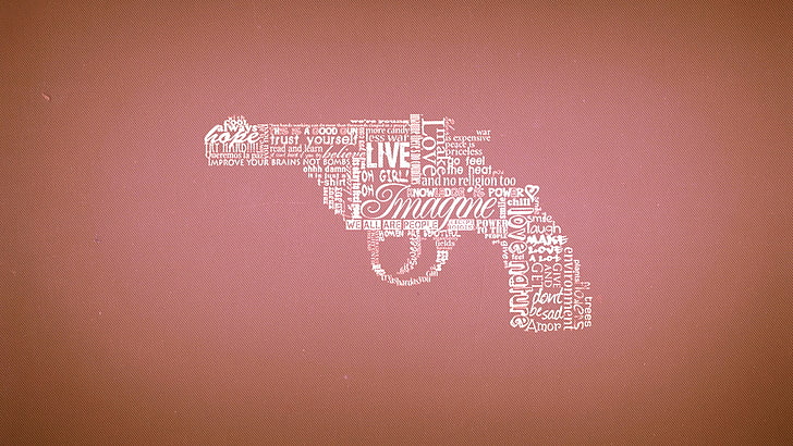 white pistol illustration, gun, typography, weapon, HD wallpaper