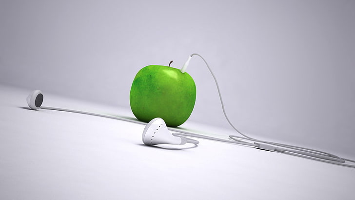 白いイヤフォンと青リンゴ、リンゴ、テクノロジー、 HDデスクトップの壁紙