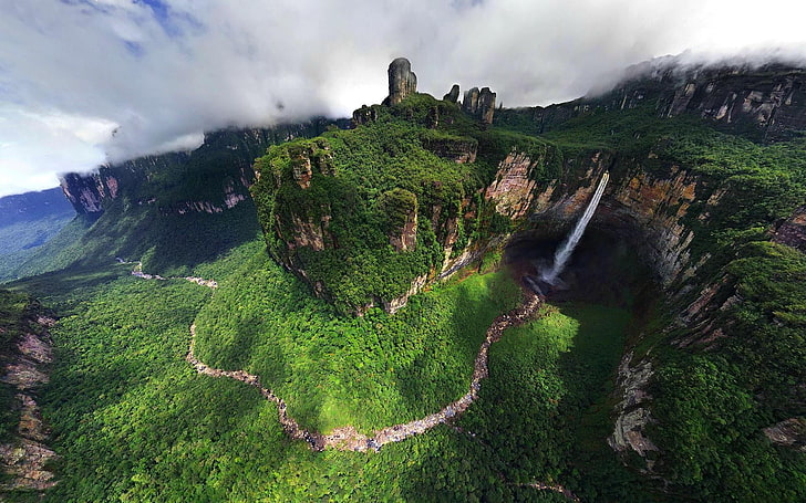 green grass, nature, mountains, landscape, river, waterfall, Dragon Falls, Venezuela, Angel Falls, HD wallpaper