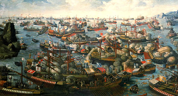 assorted-color boats illustration, oil, picture, canvas, naval battle, Cape Scrofa, The Gulf of Patras, 7 Oct 1571, 