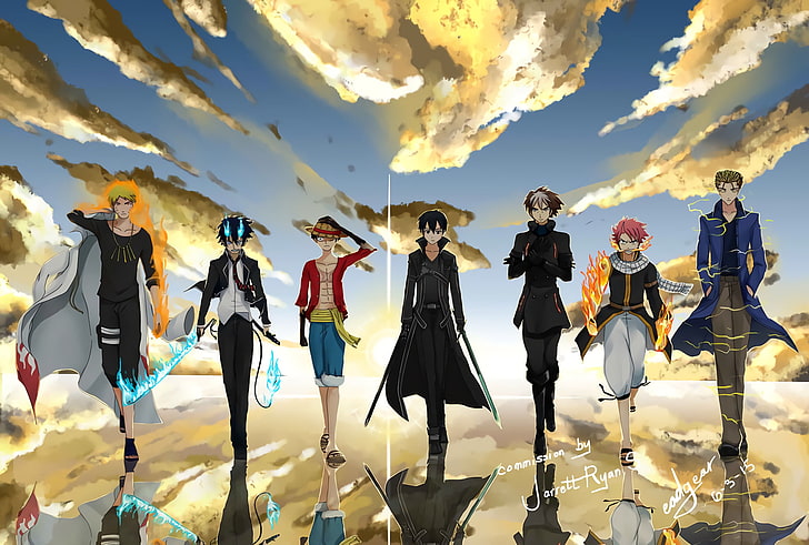 วอลล์เปเปอร์ตัวละคร One Piece, Anime, Crossover, Blue Exorcist, Fairy Tail, Kazuto Kirigaya, Kirito (Sword Art Online), Monkey D. Luffy, Naruto, Naruto Uzumaki, Natsu Dragneel, One Piece, Rin Okumura, Sword Art Online, วอลล์เปเปอร์ HD