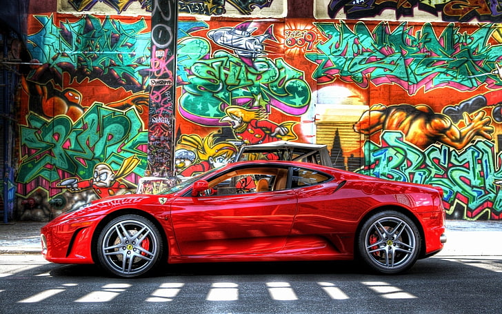 coupé rosso, auto, Ferrari, graffiti, colorato, Ferrari F430, Ferrari F430 Scuderia, Sfondo HD