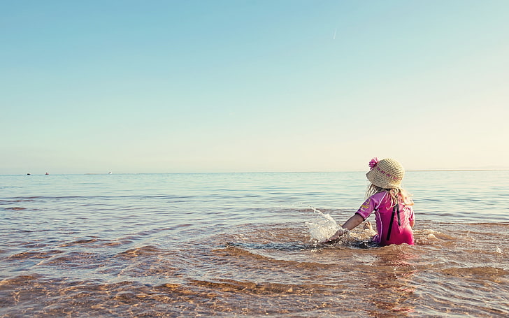 sea, summer, children, horizon, playing, in water, HD wallpaper