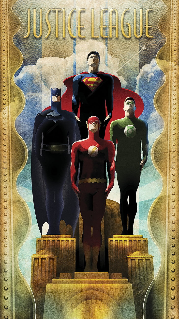 Plakat Ligi Sprawiedliwości, Liga Sprawiedliwości, mężczyźni, logo Batmana, Superman, Green Lantern, Flash, vintage, baner, Tapety HD, tapety na telefon