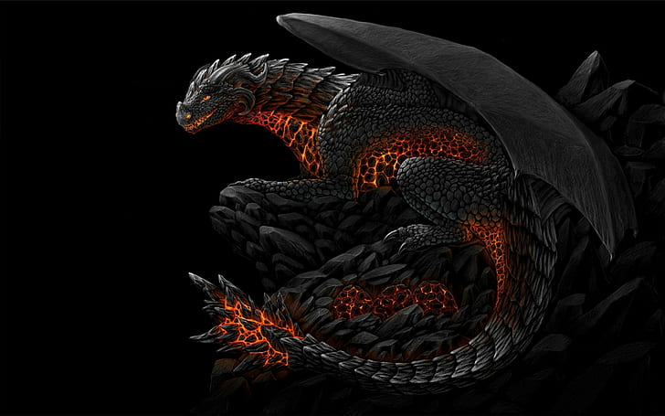 Dragão HD, dragão preto e vermelho, fantasia, dragão, HD papel de parede