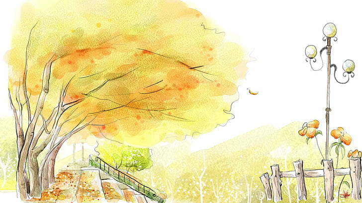 Вятърът духа, илюстрация на дърво от оранжеви листа, персонаж на firefox, падане, листа, ограда, дървета, артистични, поле, стълби, лампа, есен, 3d и абстрак, HD тапет