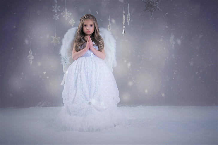 Fotografi, Anak, Malaikat, Gadis, Gadis Kecil, Kepingan Salju, Putih, Sayap, Musim Dingin, Wallpaper HD