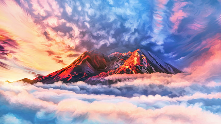 montagne avec nuages ​​oeuvre peinture, illustration, oeuvre, ciel, montagnes, nuages, Fond d'écran HD