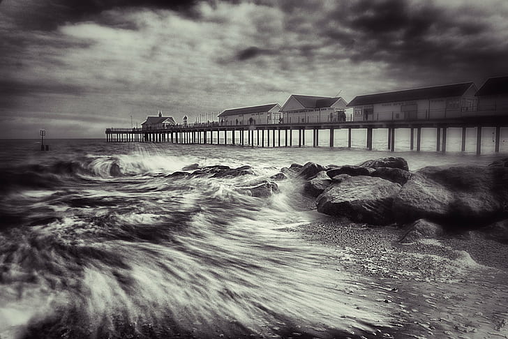 gray scale photography of body of water near cabin on dock, southwold, suffolk, southwold, suffolk, Southwold, Suffolk, gray scale, photography, body of water, cabin, dock, Beach, Black  White, Pier, Sea, Rocks, Movement, Waves, Surf, black And White, nature, water, HD wallpaper