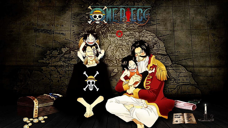 One Piece Monkey D. Dragon, Ruffy Monkey D., Roger Gol D. und Ace digitale Tapete, Anime, One Piece, HD-Hintergrundbild