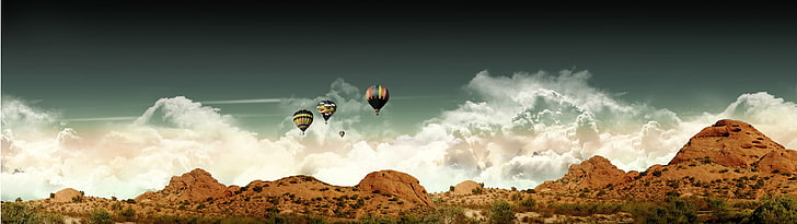 chmury, pustynia, dwa monitory, balony na ogrzane powietrze, krajobraz, góry, wiele wyświetlaczy, Tapety HD