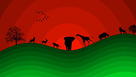 Animale, Artistico, Cervo, Elefante, Giraffa, Leone, Minimalista, Rinoceronte, Lupo, Sfondo HD HD wallpaper