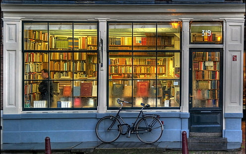 book store, books, stores, bicycle, HD wallpaper HD wallpaper