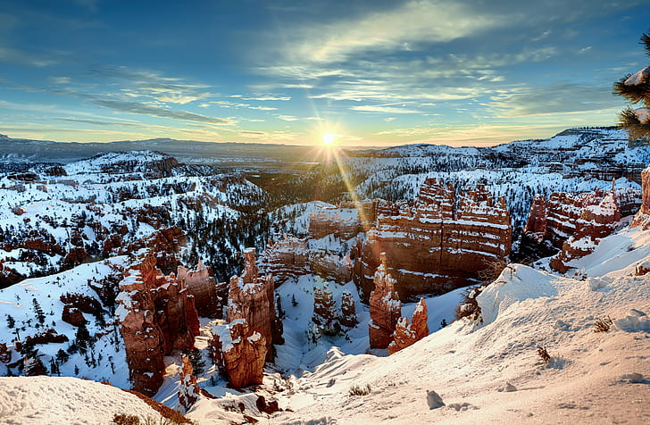 landscape photography of rock mountain during snow season, Sunrise, Glorious, landscape photography, rock mountain, snow, season, Aquarius Plateau, Blue Skies, Clouds, Amphitheater, Bryce Canyon National Park, Canaan, Mountain, Canvas, Color, Pro  Day, Day 5, Edge, Paunsaugunt Plateau, Evergreen, Evergreens, HDR, Pro, Hoodoos, Horseshoe, Looking East, Mountains, Distance, Nature, Nikon D800E, Portfolio, Snowy, Landscape, Sunrise  Sunset, Sunset Point, Thor's Hammer, Trees, Bryce  Utah, United States, winter, outdoors, scenics, sunset, sky, frost, blue, ice, sunlight, cold - Temperature, forest, sun, HD wallpaper
