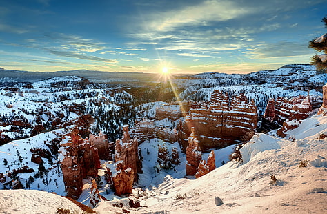 landscape photography of rock mountain during snow season, Sunrise, Glorious, landscape photography, rock mountain, snow, season, Aquarius Plateau, Blue Skies, Clouds, Amphitheater, Bryce Canyon National Park, Canaan, Mountain, Canvas, Color, Pro  Day, Day 5, Edge, Paunsaugunt Plateau, Evergreen, Evergreens, HDR, Pro, Hoodoos, Horseshoe, Looking East, Mountains, Distance, Nature, Nikon D800E, Portfolio, Snowy, Landscape, Sunrise  Sunset, Sunset Point, Thor's Hammer, Trees, Bryce  Utah, United States, winter, outdoors, scenics, sunset, sky, frost, blue, ice, sunlight, cold - Temperature, forest, sun, HD wallpaper HD wallpaper