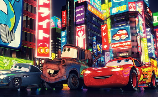 Cars 2 The Movie, zrzut ekranu z filmu Disney Cars, Kreskówki, Samochody, Samochody 2, film, animacja, błyskawica mcqueen, mater, miasto, Tapety HD HD wallpaper