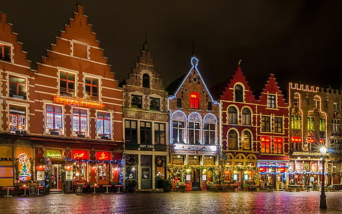 ベルギー、ブルージュ、マルクト広場、夜、ライト、家、クリスマス、コンクリートの都市住宅、ベルギー、ブルージュ、マルクト広場、夜、ライト、家、クリスマス、 HDデスクトップの壁紙 HD wallpaper