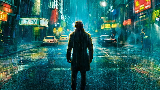 stående man klädd i jacka under regn tapet, Watchmen, filmer, Rorschach, natt, gata, urban, stad, neon, cyan, neon glöd, HD tapet HD wallpaper