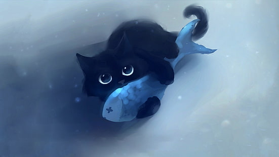 kot przytula rybę ilustracja kreskówka, kot, ryba, rysunek, Apofiss, grafika, zwierzęta, proste, Tapety HD HD wallpaper