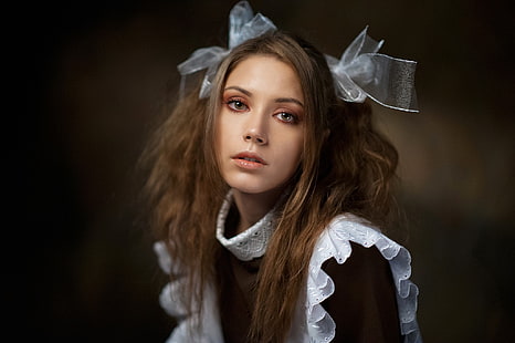 women, model, face, portrait, simple background, Ksenia Kokoreva, schoolgirl uniform, Russian women, HD wallpaper HD wallpaper