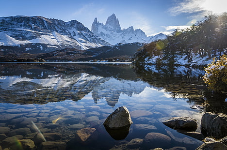 silent body of water beside trees under cloudy blue sky, fitz roy, argentina, fitz roy, argentina, El, Fitz Roy, Argentina, silent, body of water, trees, cloudy, blue sky, fitz  roy, patagonia, crystal  clear, clear  lake, light, mountain, stones, nature, calm, relaxing, cold, snow, lake, landscape, scenics, reflection, mountain Peak, outdoors, water, travel, rock - Object, summer, sky, beauty In Nature, HD wallpaper HD wallpaper