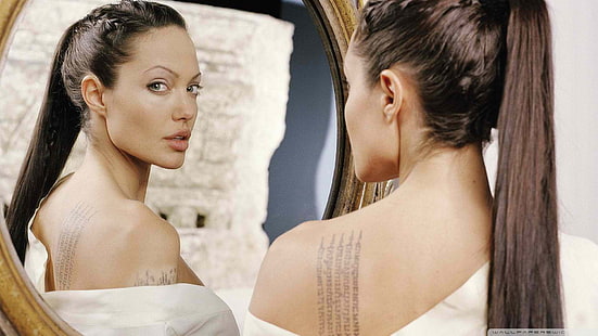 Angelina Jolie, cermin, wajah, wanita, aktris, tato, Wallpaper HD HD wallpaper