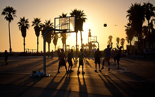 黒と灰色のバスケットボールフープ、夏、カリフォルニア、バスケットボール、日没、アメリカ、ロサンゼルス、ベニスビーチ、 HDデスクトップの壁紙 HD wallpaper