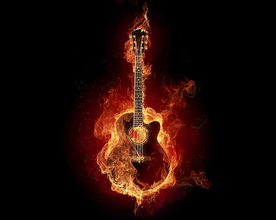 الغيتار مع النار قصاصة فنية ، والموسيقى ، والغيتار ، والنار، خلفية HD HD wallpaper