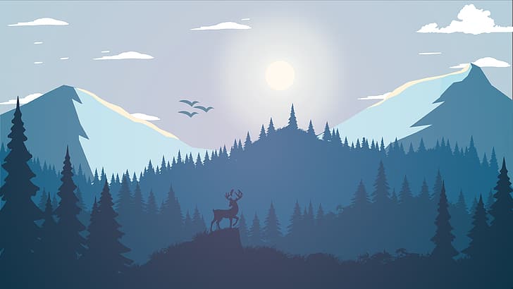 Nordic, landscape, mountains, trees, wood, forest, deer, Sun, birds, HD wallpaper