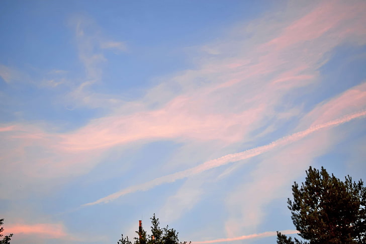 autumn, blue sky, clouds, pink clouds, sunset, HD wallpaper