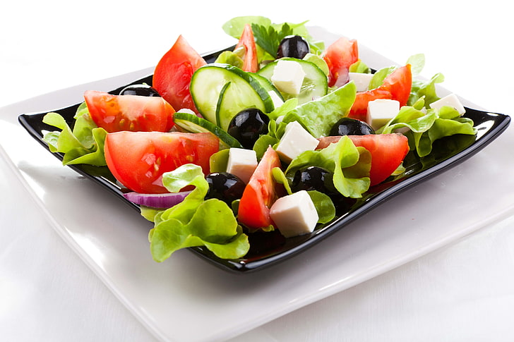 vegetable salad, plate, greens, vegetables, chunks, salad, HD wallpaper