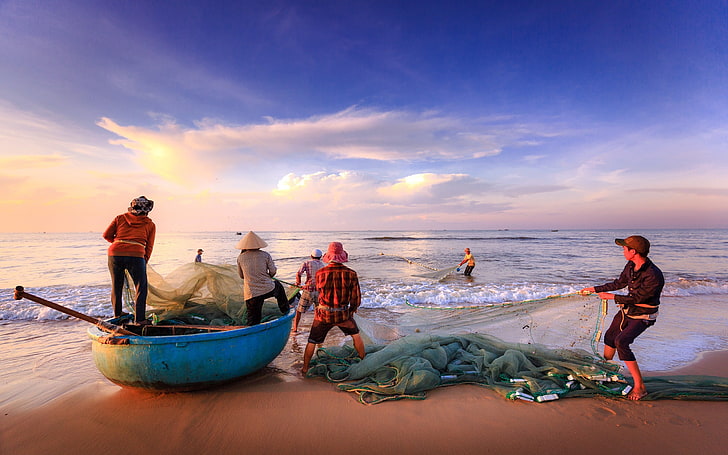 Pescadores Oceano Pesca Praia Pessoas, HD papel de parede