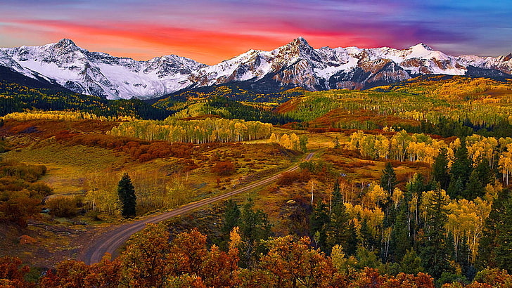 秋の色、森林、スネフェルス山、荒野、サンファン山脈、山、空、スネフェルス山脈、秋、山岳地帯、アメリカ合衆国、ハイランド、木、コロラド、ロッキー山脈、北米、 HDデスクトップの壁紙