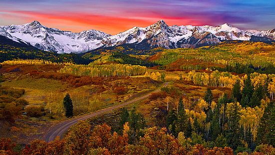 sonbahar renkleri, orman, sneffels dağı, vahşi doğa, san juan dağları, dağlar, gökyüzü, sneffels aralığı, sonbahar, dağ silsilesi, amerika birleşik devletleri, yayla, ağaç, colorado, rocky Dağları, kuzey amerika, HD masaüstü duvar kağıdı HD wallpaper