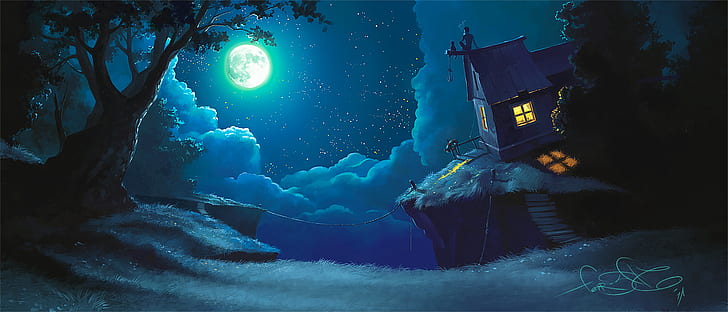 Fantasy, House, Boy, Cat, Cloud, Night, HD wallpaper