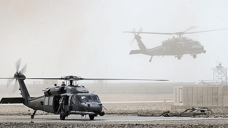 черный вертолет, Sikorsky UH-60 Black Hawk, военная база, военный, вертолет, вертолеты, HD обои