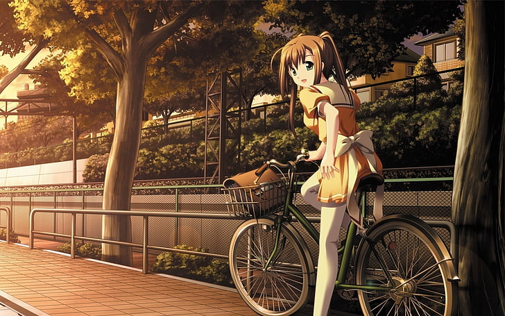 Anime, Original, Tasche, Fahrrad, Braunes Haar, Mädchen, Grüne Augen, Langes Haar, Lächeln, Overknee, Twintails, Bogen (Kleidung), HD-Hintergrundbild