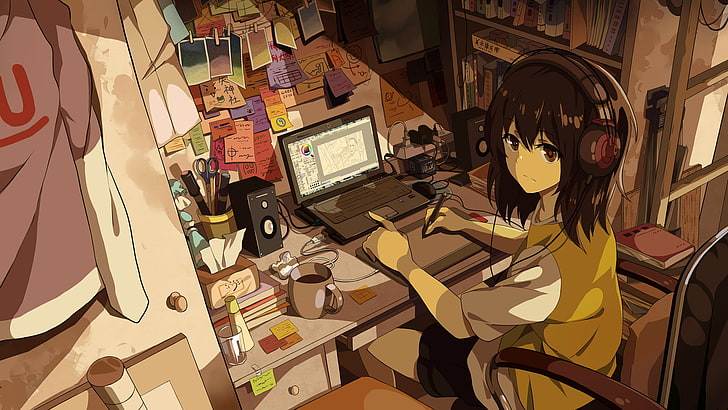 female anime character sitting on chair near laptop computer wallpaper, room, anime girls, original characters, anime, bedroom, Japan, computer, brunette, short hair, brown eyes, headphones, notebooks, sitting, looking at viewer, HD wallpaper