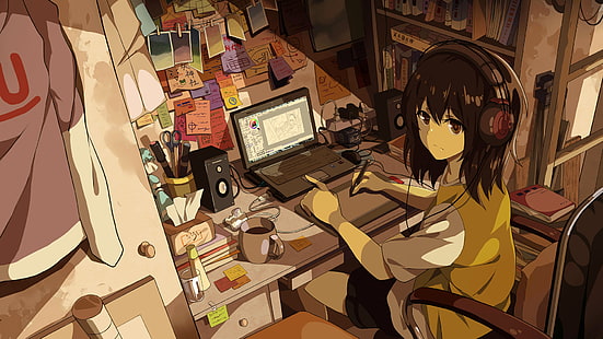 женский персонаж аниме сидит на стуле возле ноутбука обои, комната, аниме девушки, оригинальные персонажи, аниме, спальня, япония, компьютер, брюнетка, короткие волосы, карие глаза, наушники, блокноты, сидит, смотрит на зрителя, HD обои HD wallpaper