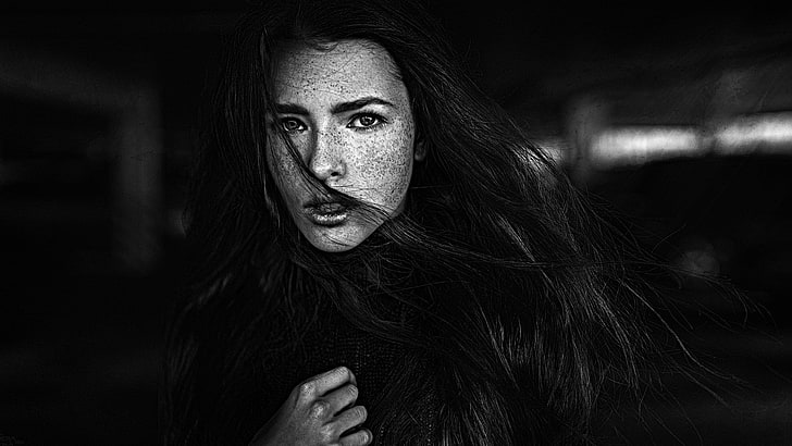 Georgy Chernyadyev, long hair, freckles, dark, hair in face, women, Katya Voronina, black, face, monochrome, HD wallpaper