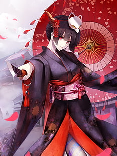 kvinnlig anime karaktär illustration, anime, animeflickor, kimono, japanska kläder, kort hår, svart hår, röda ögon, kniv, HD tapet HD wallpaper