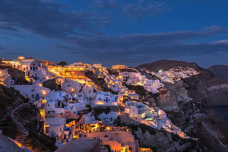 night, lights, island, home, Santorini, Greece, HD wallpaper